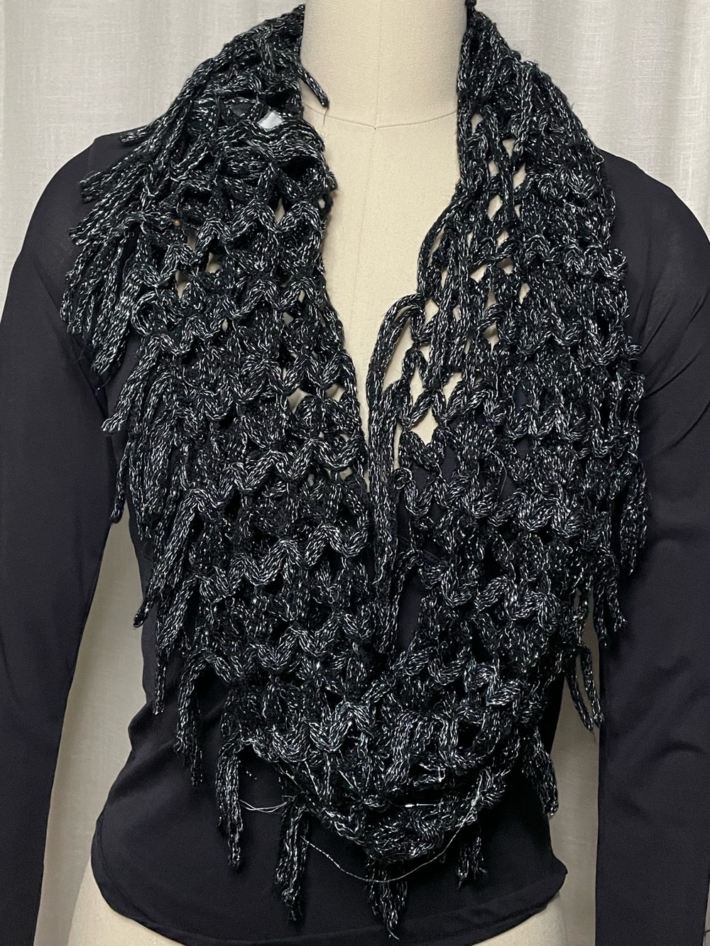 Open-Knit Black Fringe Scarf